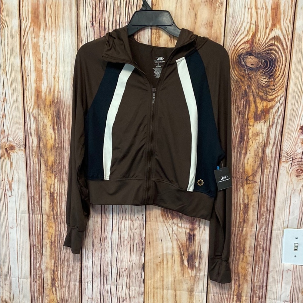 Pro Player Large Wicking Women Zippered Hoodie Brown & White with Thumb Holes